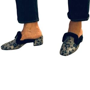 Sam Edelman Blue Floral Tapestry Satin Mules Navy Faux Fur Slip On Loafer 9